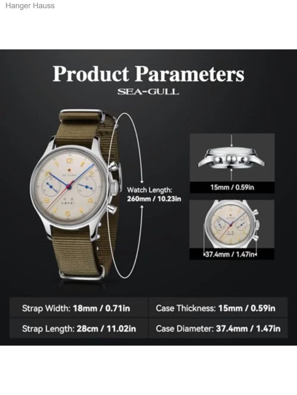 Men's Mechanical Hand Wind Chronograph Pilot Watch with Canvas Strap